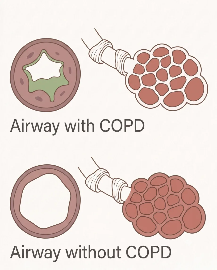 正常與 COPD 呼吸道比較示意